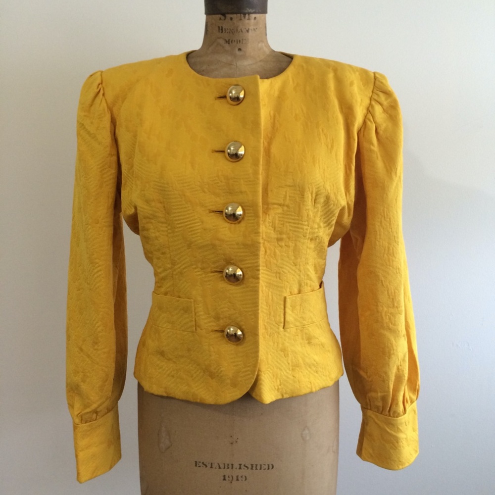 Yves Saint Laurent Rive Gauche Yellow Brocade 1980s Jacket with Shoulder Pads